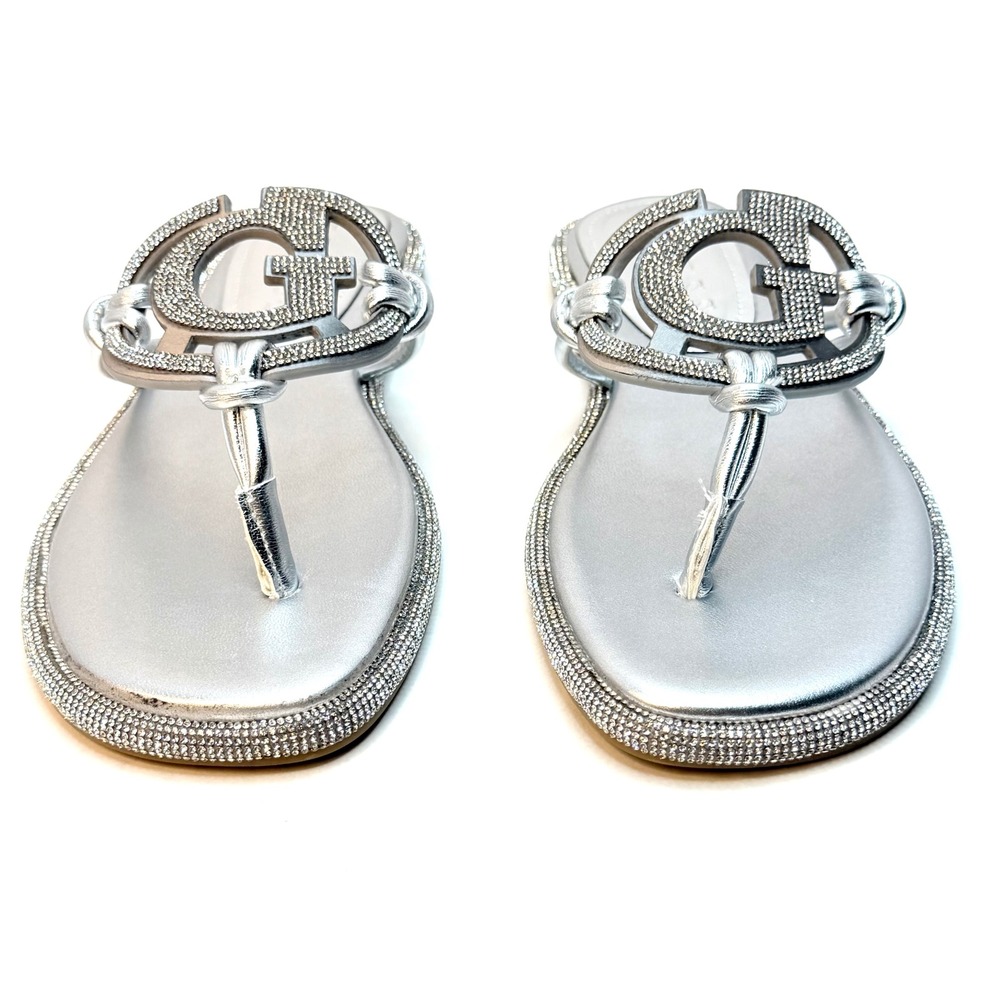 Guess Women's Saima Rhinestone Signature Flat thong Sandals Silver Size 7M NWT